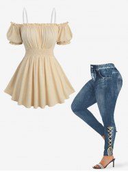 Ruched Bust Elastic Waist Top with Removable Shoulder Strap and Distressed Ombre Denim Print Leggings Plus Size Outfit -  