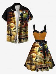 Skull Pirate Parrot Sailboat Sea Treasure Print Plus Size Matching Hawaii Beach Outfit For Couples -  