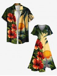 Tenue de plage hawaïenne assortie grande taille, motif cocotier, soleil, feuille tropicale, fleur d'hibiscus, pour couples - Jaune 