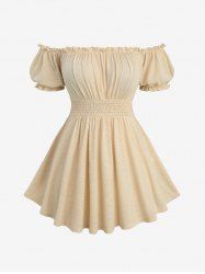 Plus Size Cold Shoulder Puff Sleeve Ruched Bust Elastic Waist Top with Removable Shoulder Strap -  