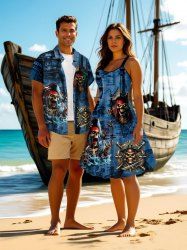 Skull Pirate Sea Waves Sailboat Print Plus Size Matching Hawaii Beach Outfit For Couples -  