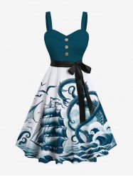 Plus Size Octopus Sailboat Sea Waves Bird Print Hawaii Cruise Button A Line Dress with Removable Belt -  