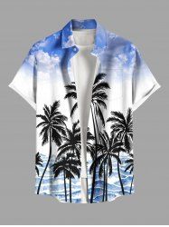 Chemise hawaïenne grande taille à imprimé cocotiers, vagues, nuages, boutons et poches pour homme - Bleu Ciel M