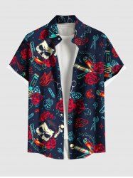 Chemise grande taille à imprimé tête de mort, rose, cœur, diamants, avec poches boutonnées pour homme - Bleu profond 6XL