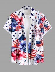Plus Size Patriotic American Flag Fireworks Hibiscus Floral Print Hawaii Button Pocket Shirt For Men -  