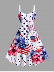Plus Size Patriotic American Flag Fireworks Hibiscus Floral Print Hawaii A Line Tank Dress -  