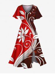 Robe mi-longue hawaïenne à imprimé floral grande taille avec poches fendues - Rouge 3X