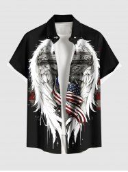 Plus Size Patriotic American Flag Feather Wing Cross Print Button Pocket Shirt For Men -  