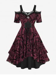 Robe débardeur gothique grande taille à œillets, lacets, froncée, croisée, florale, floquée, volants superposés, épaules dénudées, coupe trapèze - Rouge foncé 1X | US 14-16