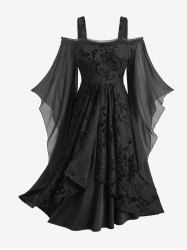 Gothic Plus Size Rose Floral Glitter Flocking Mesh Lace Trim Ruffles Tulip Hem Cold Shoulder Asymmetrical Dress -  