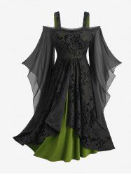 Gothic Plus Size Rose Floral Glitter Flocking Mesh Lace Trim Ruffles Tulip Hem Cold Shoulder Asymmetrical Dress -  