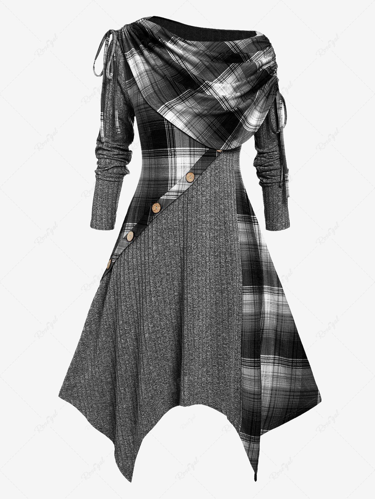 Fancy Plus Size Skew Neck Foldover Cinched Plaid Handkerchief Midi Knitted Dress  