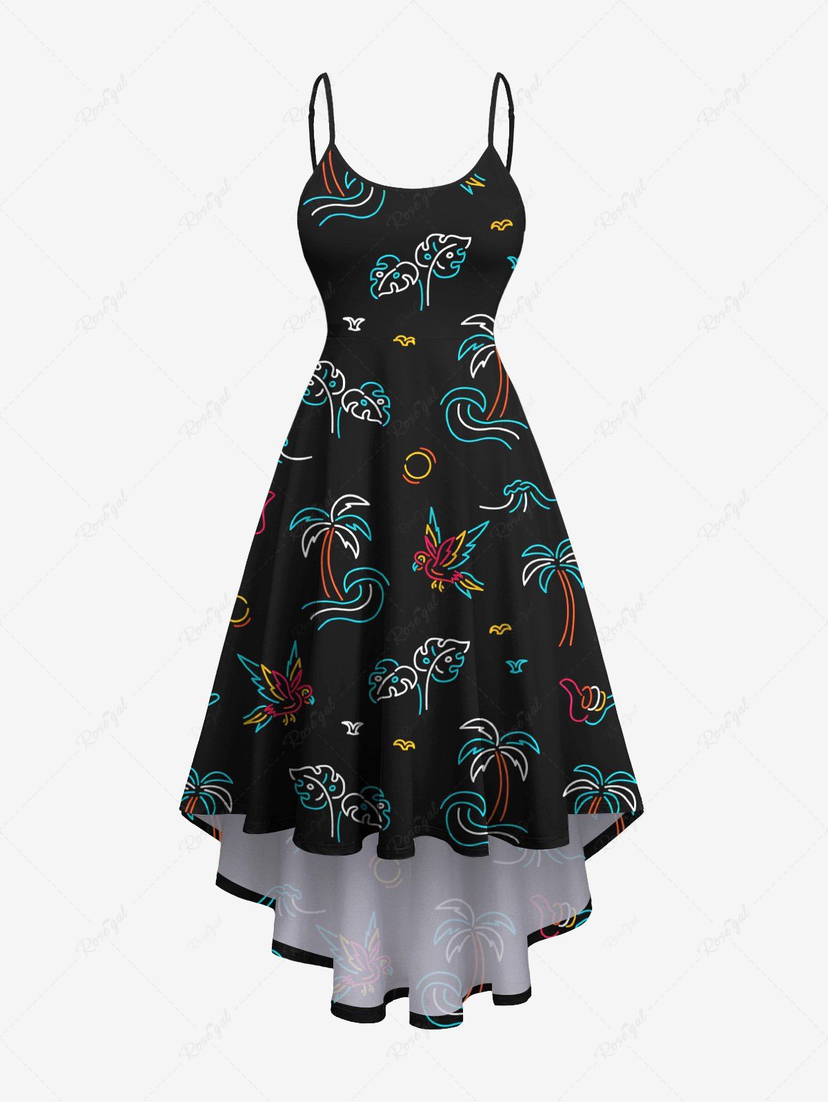 Shops Plus Size Coconut Tree Tropical Leaf Bird Print High Low Hawaii Cami Dress  