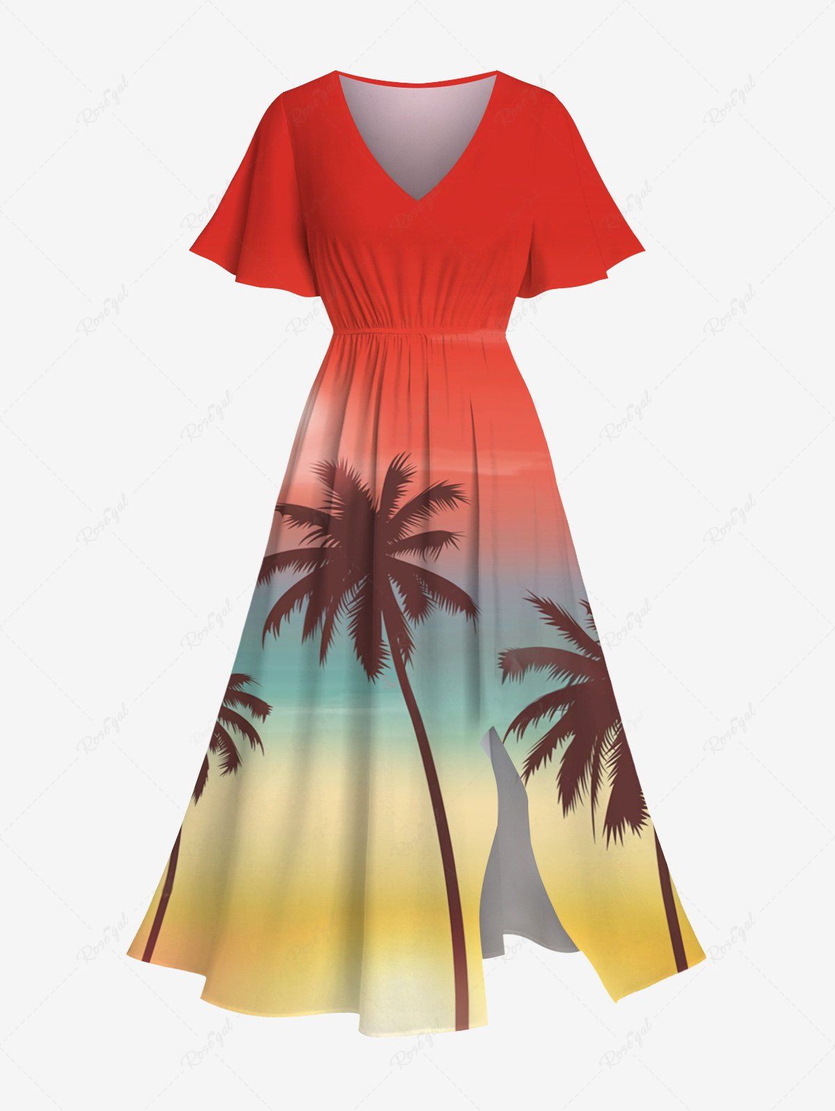 Outfit Plus Size Ombre Colorblock Coconut Tree Print Split Hawaii Midi Dress  