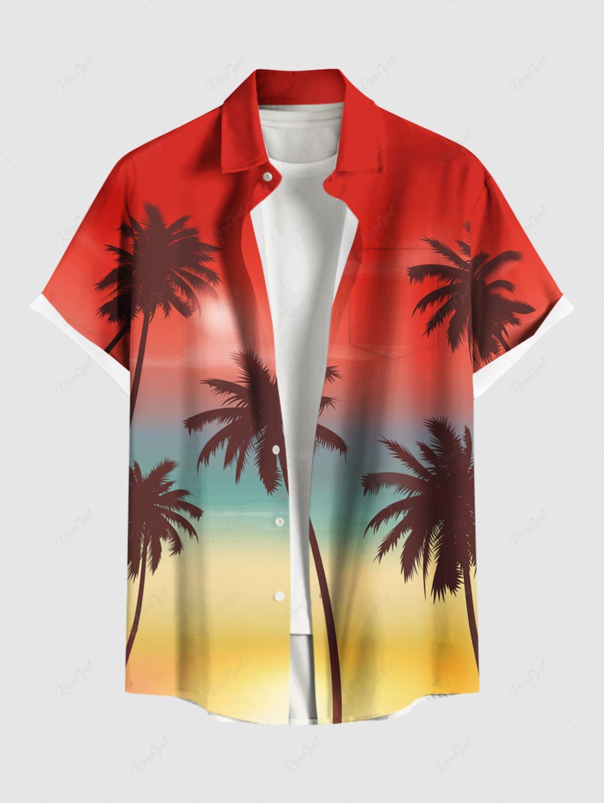 Chemise hawaïenne grande taille à imprimé cocotiers, poches et boutons, pour homme Rouge S