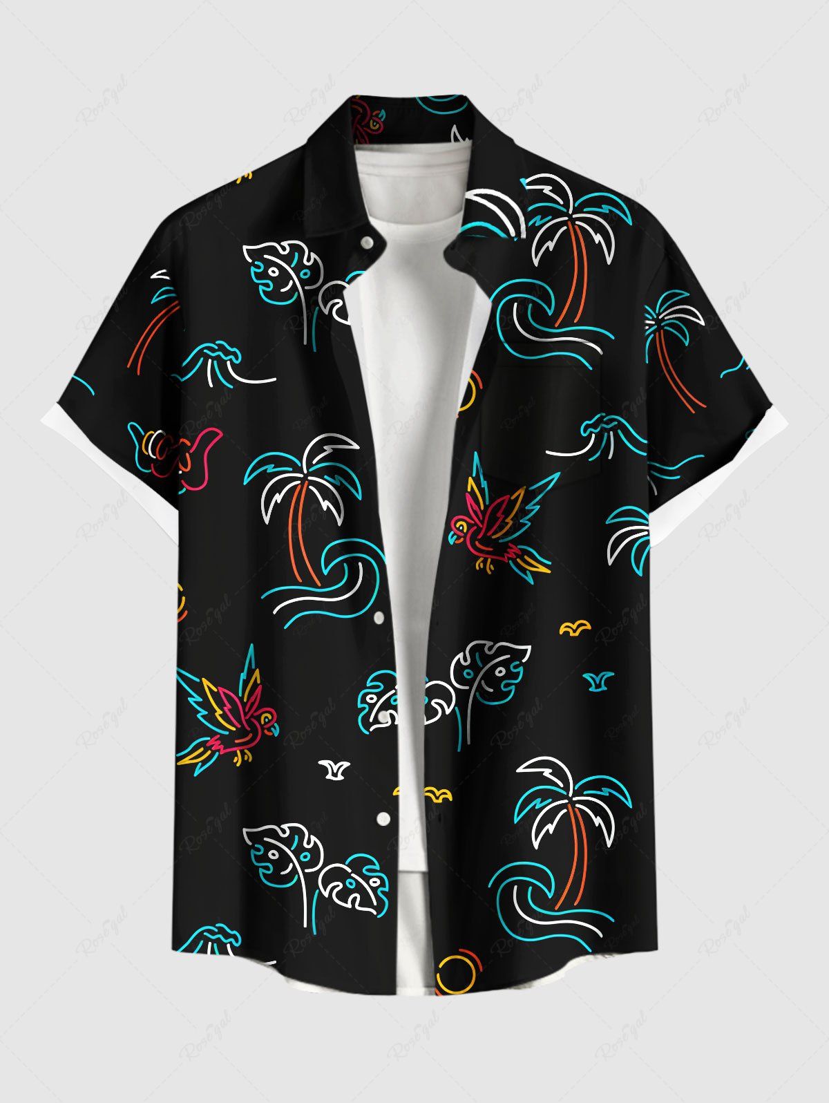 Chemise hawaïenne grande taille à imprimé cocotier, feuilles tropicales et oiseaux, avec poches et boutons, pour homme Noir 3XL
