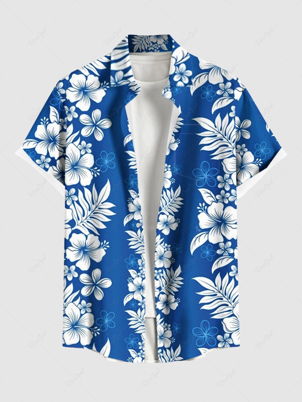 Chemise hawaïenne grande taille à imprimé feuilles d'hibiscus tropical et boutons avec poches pour homme Bleu L