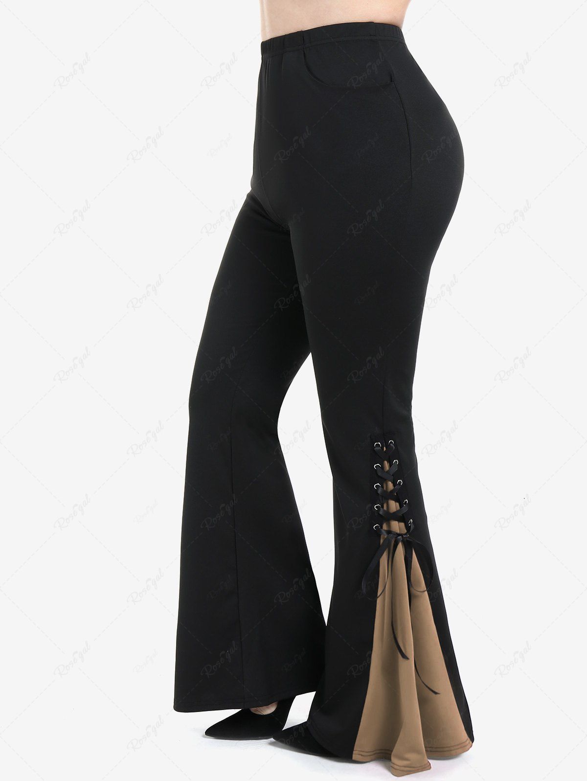 Online Gothic Lace Up Two Tone Godet Hem Pull On Flare Pants  