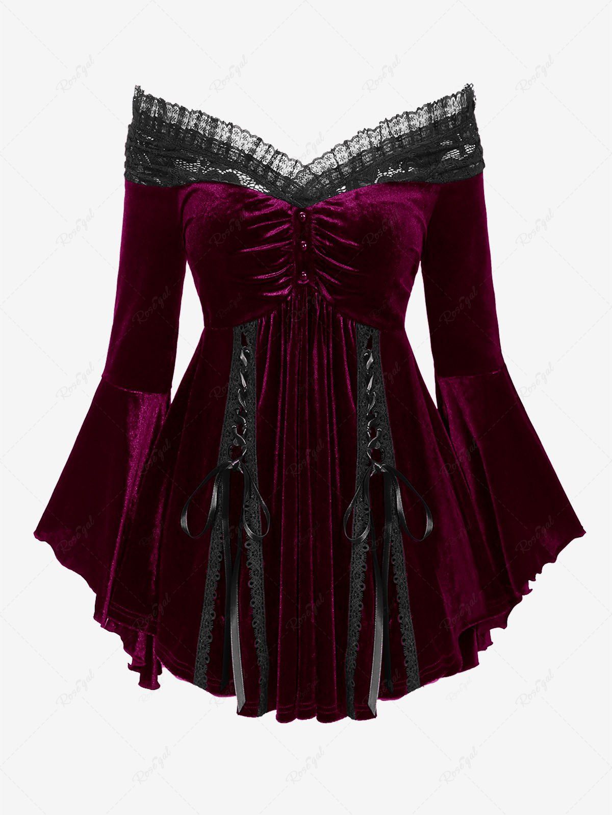 Fashion Gothic Plus Size Lace-up Cinched Ruched Lace Trim Velvet Flare Sleeves Top  