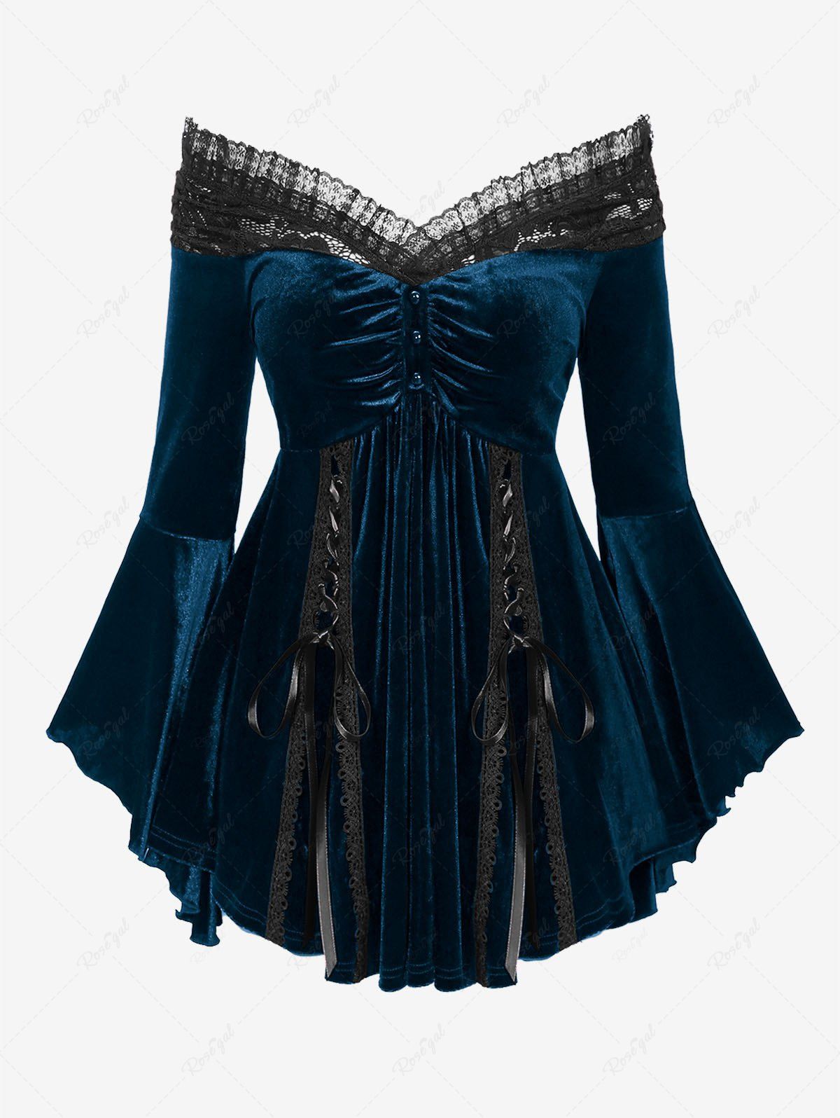 Cheap Gothic Plus Size Lace-up Cinched Ruched Lace Trim Velvet Flare Sleeves Top  