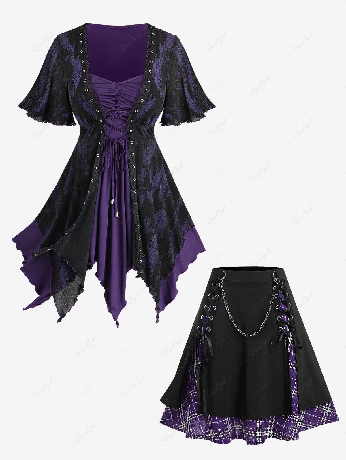 Unique Ruffles Lace Up Asymmetrical 2 In 1 Top and Plaid Gothic Skirt Plus Size Outfit  