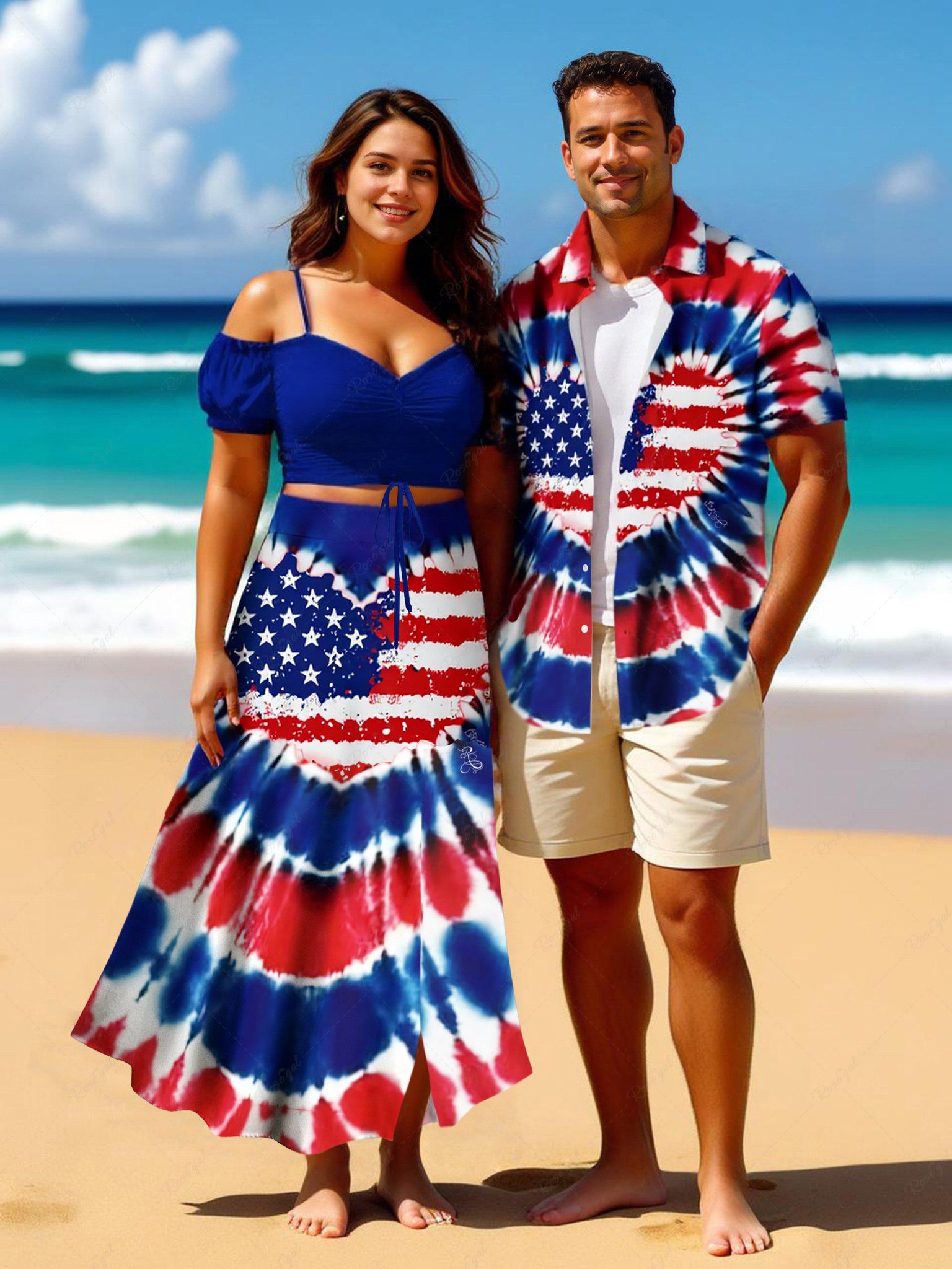 Fashion Patriotic American Flag Tie Dye Heart Print Plus Size Matching Outfit For Couples  