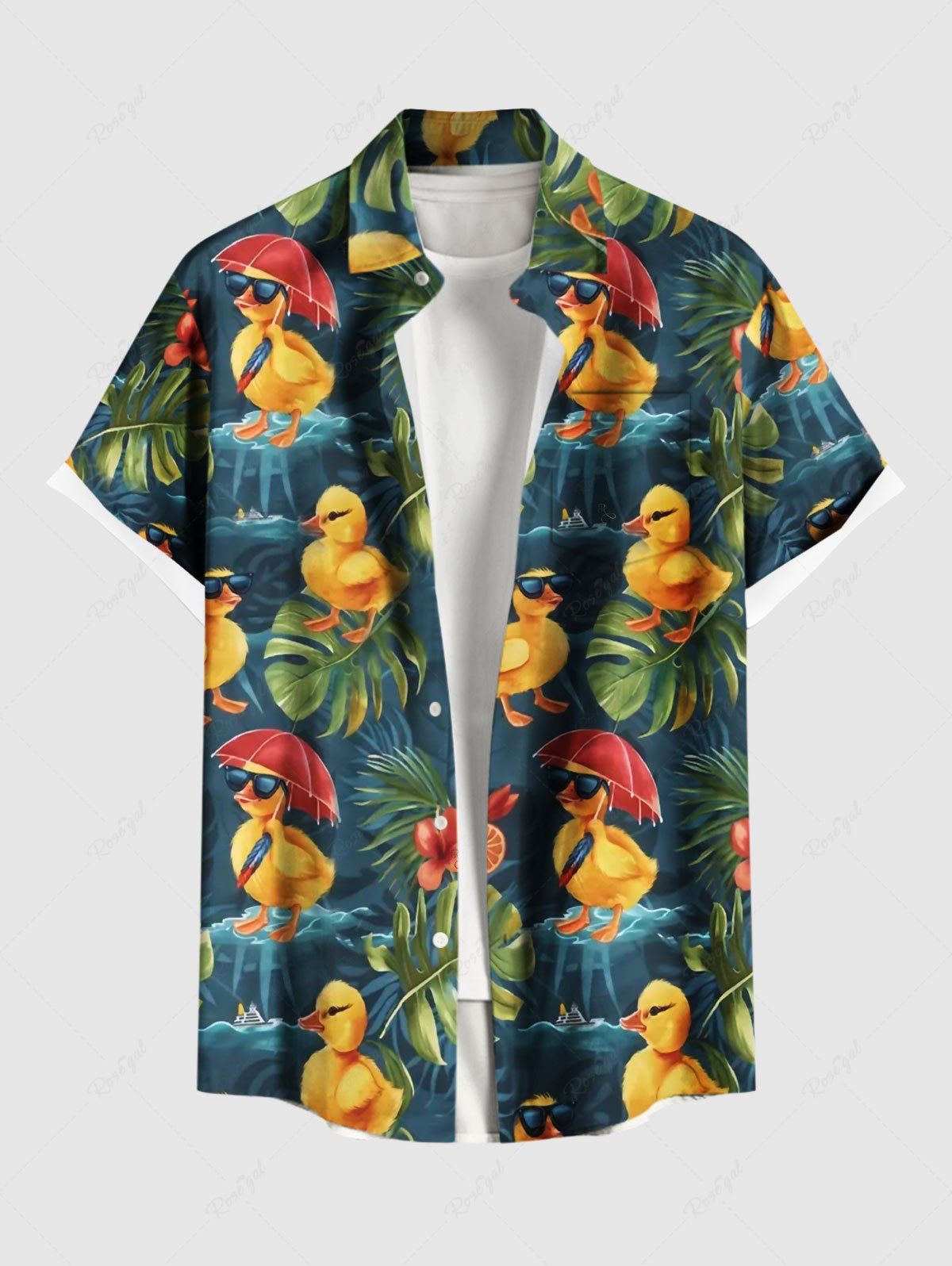 Chemise hawaïenne grande taille à imprimé feuilles tropicales et fleurs d'hibiscus, boutons et poches pour homme Vert 2XL