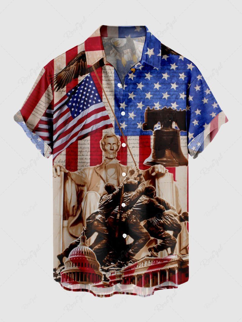 Chemise grande taille à boutons et poches pour homme, motif drapeau américain patriotique, statue en pierre Rouge S