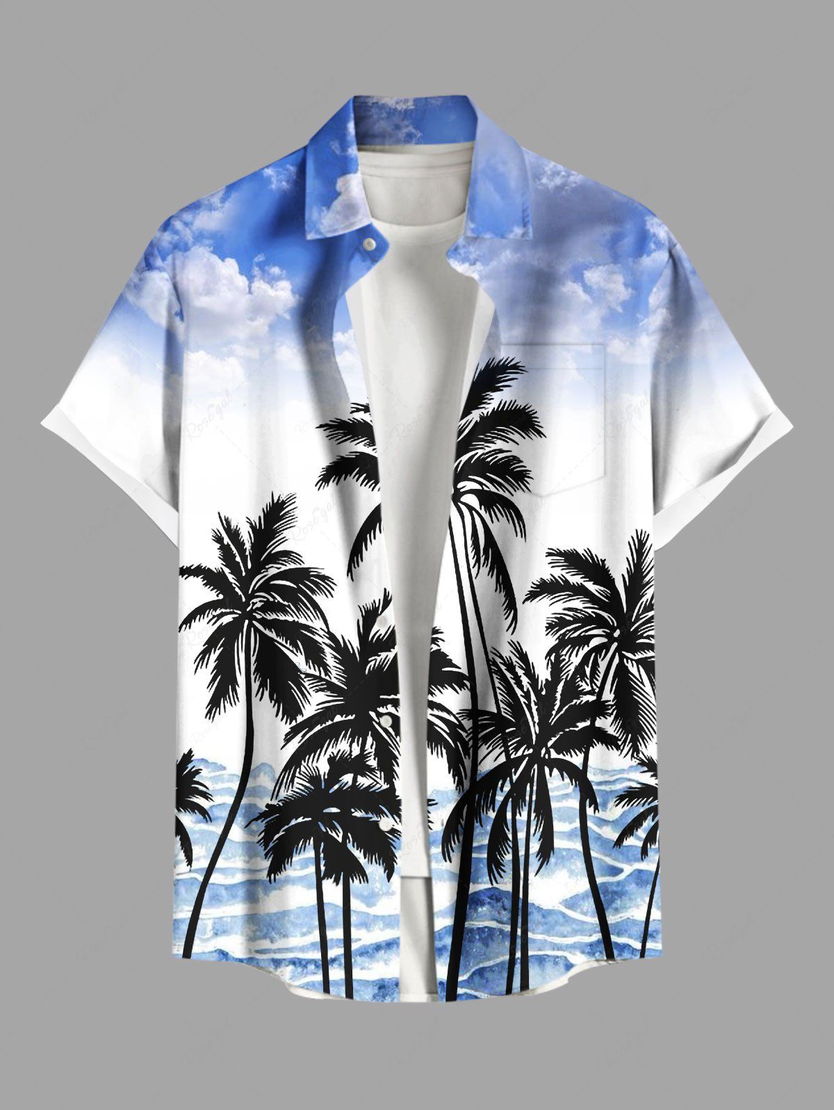 Chemise hawaïenne grande taille à imprimé cocotiers, vagues, nuages, boutons et poches pour homme Bleu Ciel M