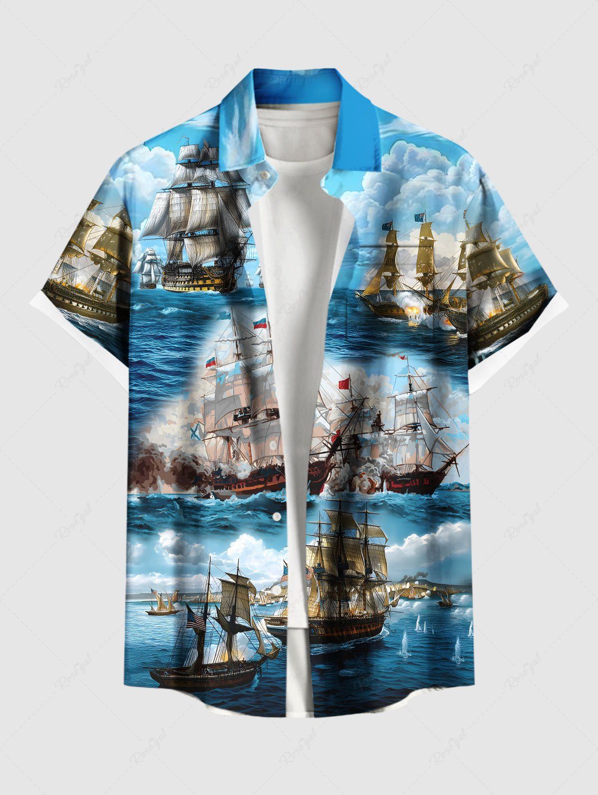 Chemise hawaïenne grande taille à imprimé paysage marin, nuages, navires, croisière, boutons, poches, pour homme Bleu Ciel L
