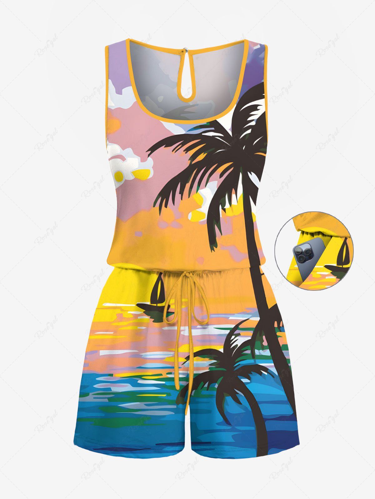 Combinaison hawaïenne cintrée grande taille à imprimé cocotier, soleil, nuage et paysage marin Jaune XXS