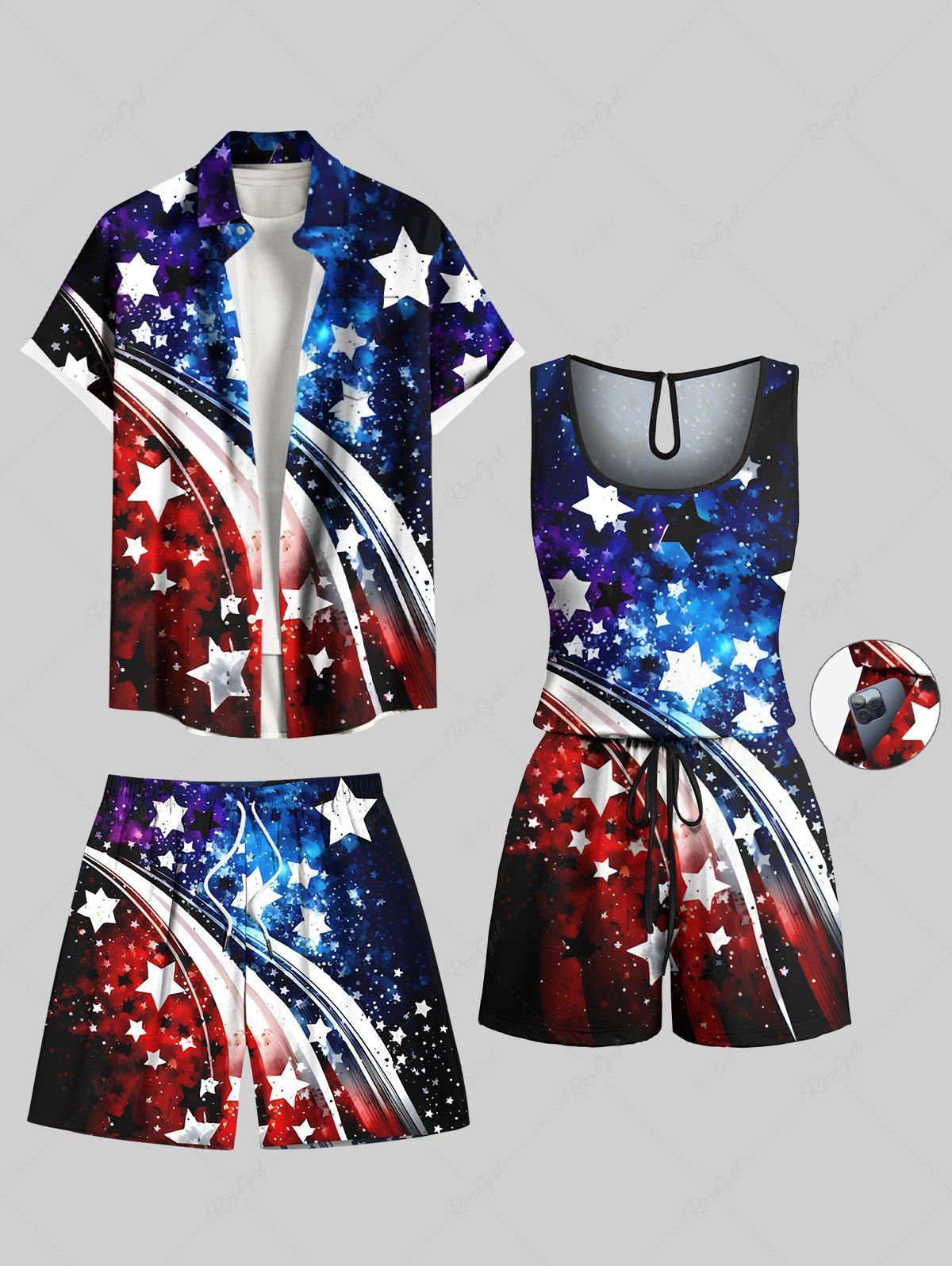 Ensemble chemise et barboteuse assortis pour le jour de l'indépendance, tenue de plage grande taille, imprimé drapeau américain patriotique pour couples Bleu 