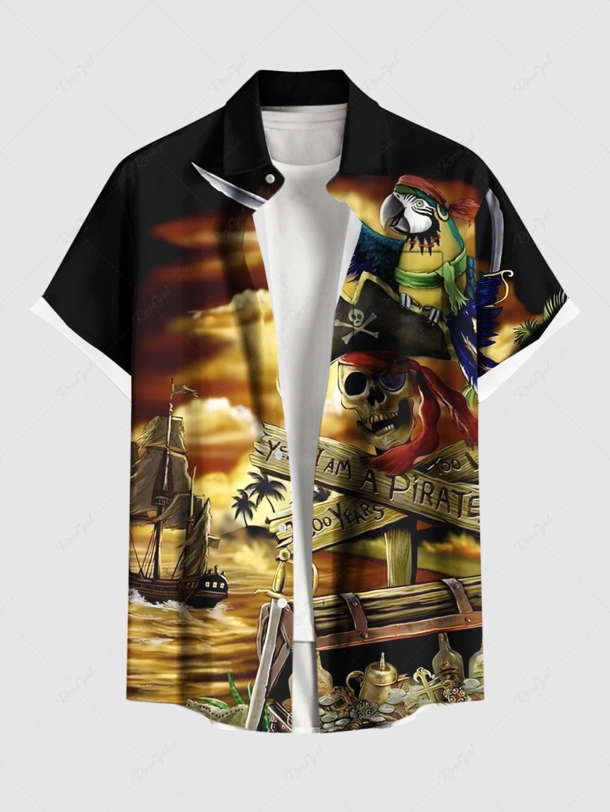 Chemise boutonnée grande taille pour homme, motif tête de mort, pirate, perroquet, voilier, trésor marin, croisière hawaïenne, ombré Noir 6XL