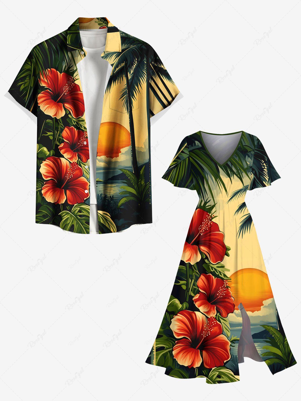 Tenue de plage hawaïenne assortie grande taille, motif cocotier, soleil, feuille tropicale, fleur d'hibiscus, pour couples Jaune 
