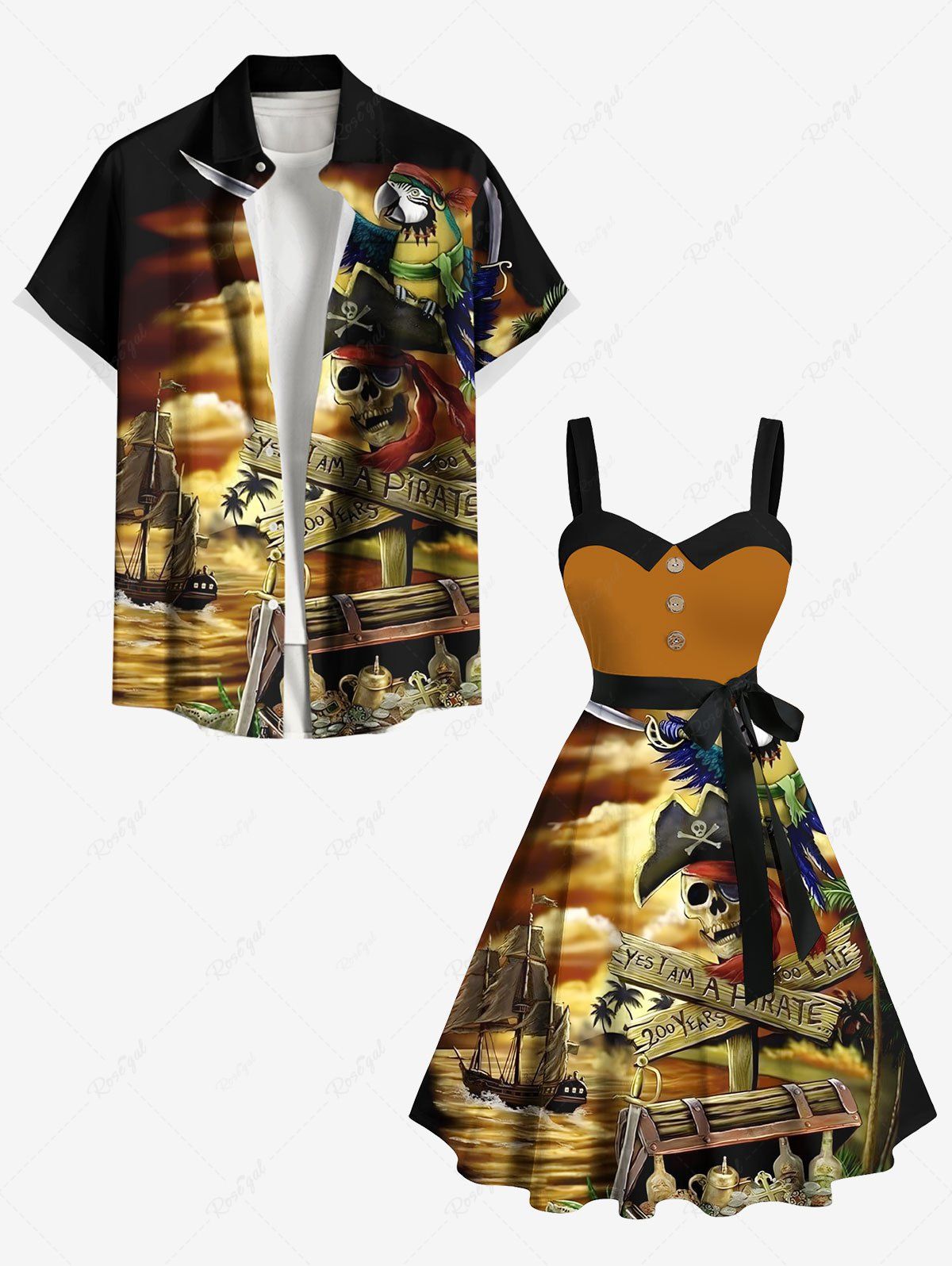Unique Skull Pirate Parrot Sailboat Sea Treasure Print Plus Size Matching Hawaii Beach Outfit For Couples  