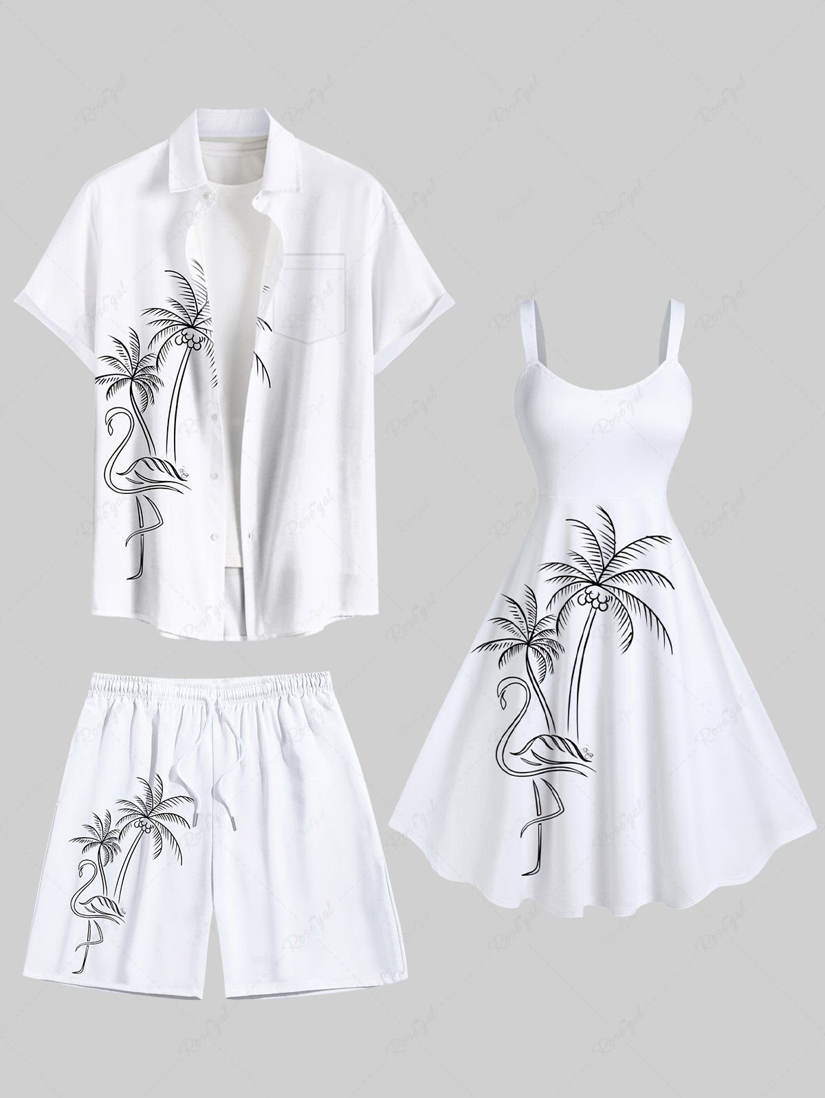 Tenue de plage hawaïenne assortie grande taille, motif flamant rose peint à la main, pour couples Blanc 