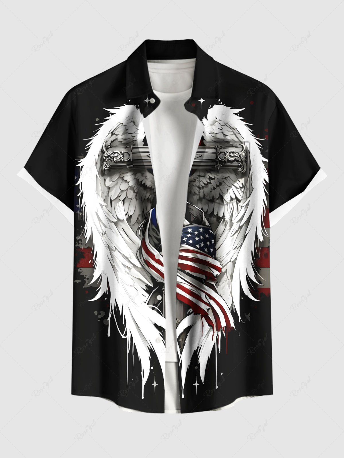 Best Plus Size Patriotic American Flag Feather Wing Cross Print Button Pocket Shirt For Men  