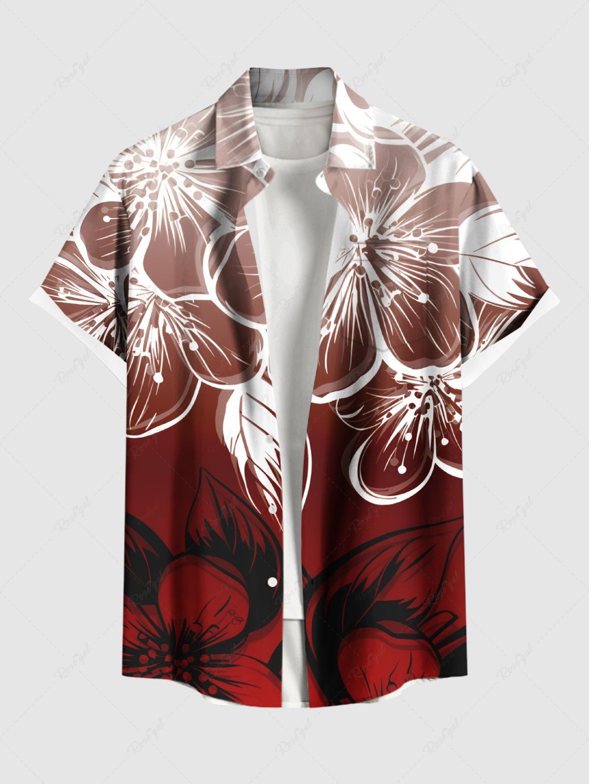 Chemise hawaïenne grande taille à imprimé floral ombré et poches boutonnées pour homme Rouge 5XL
