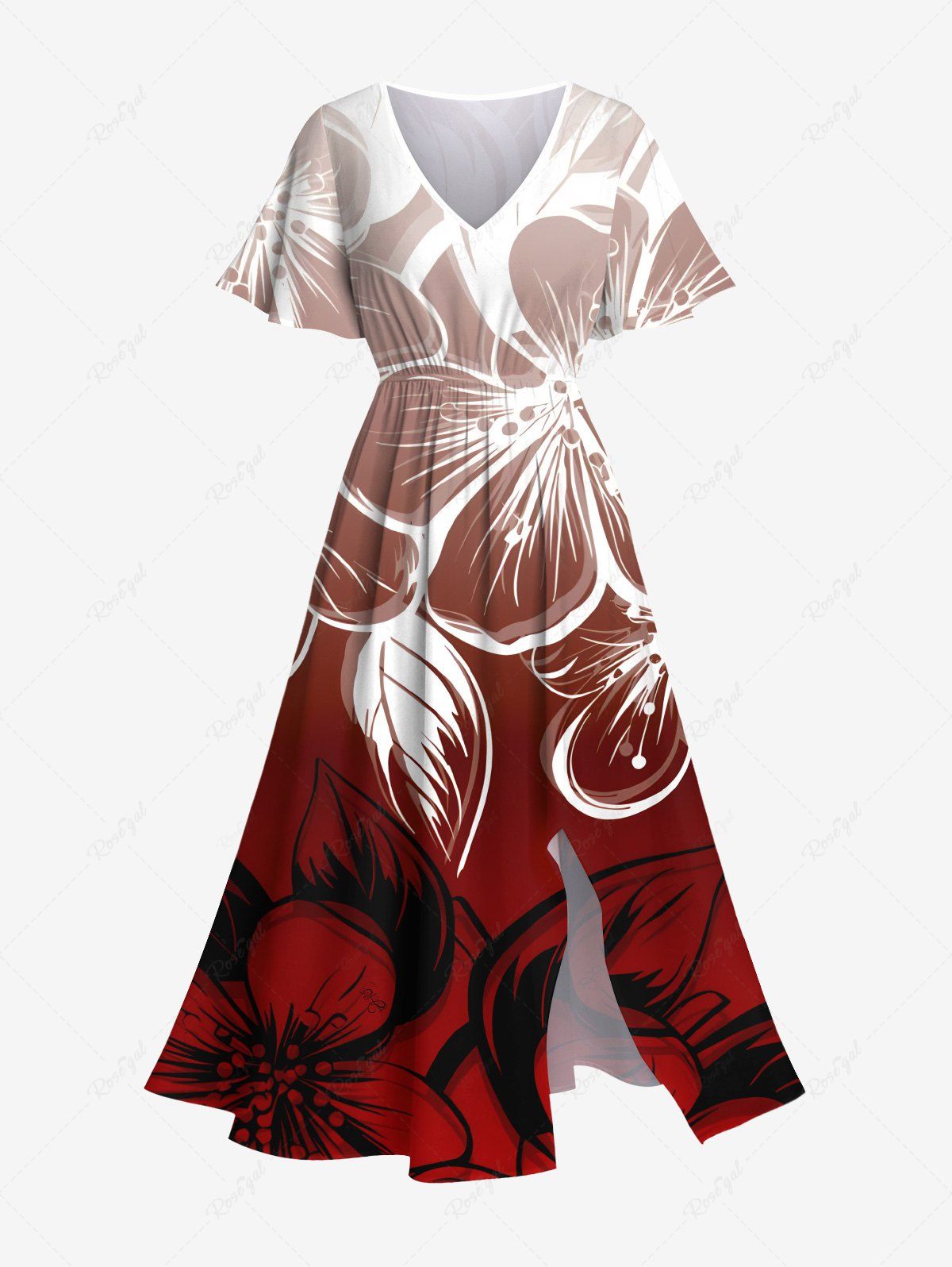 Fashion Plus Size Ombre Flower Print Hawaii Split Pocket A Line Midi Dress  