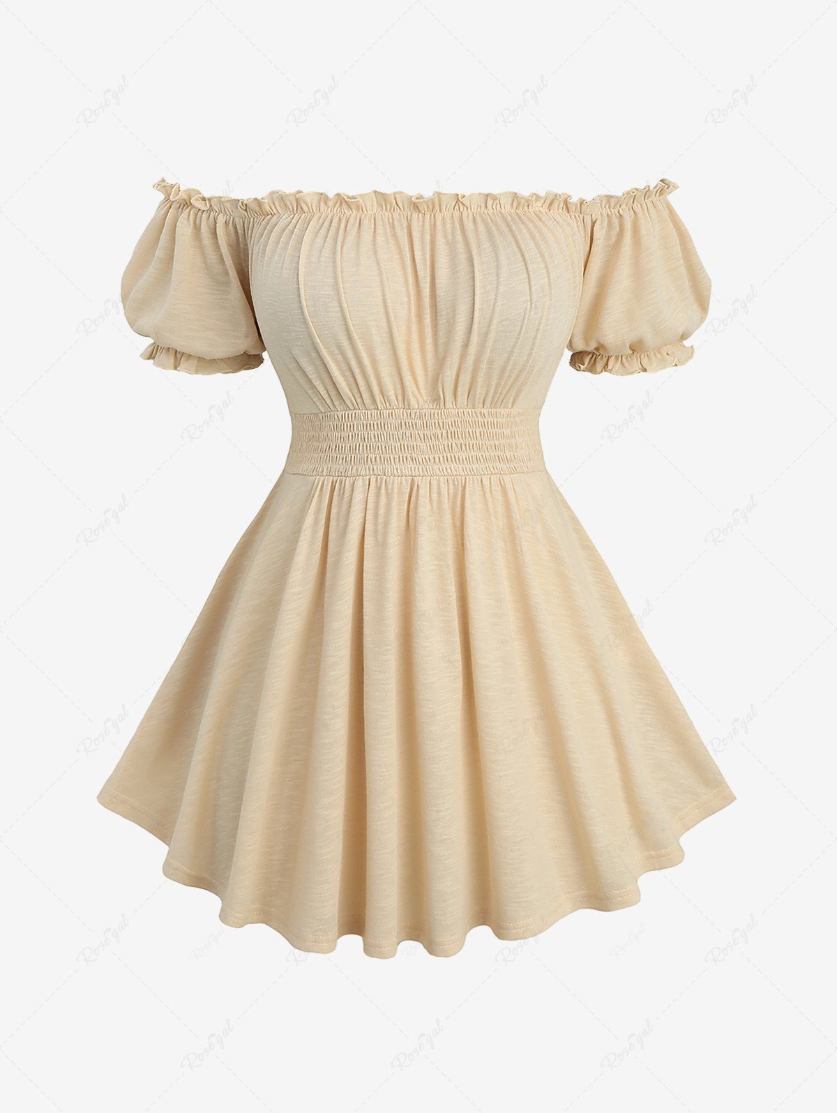 New Plus Size Cold Shoulder Puff Sleeve Ruched Bust Elastic Waist Top with Removable Shoulder Strap  