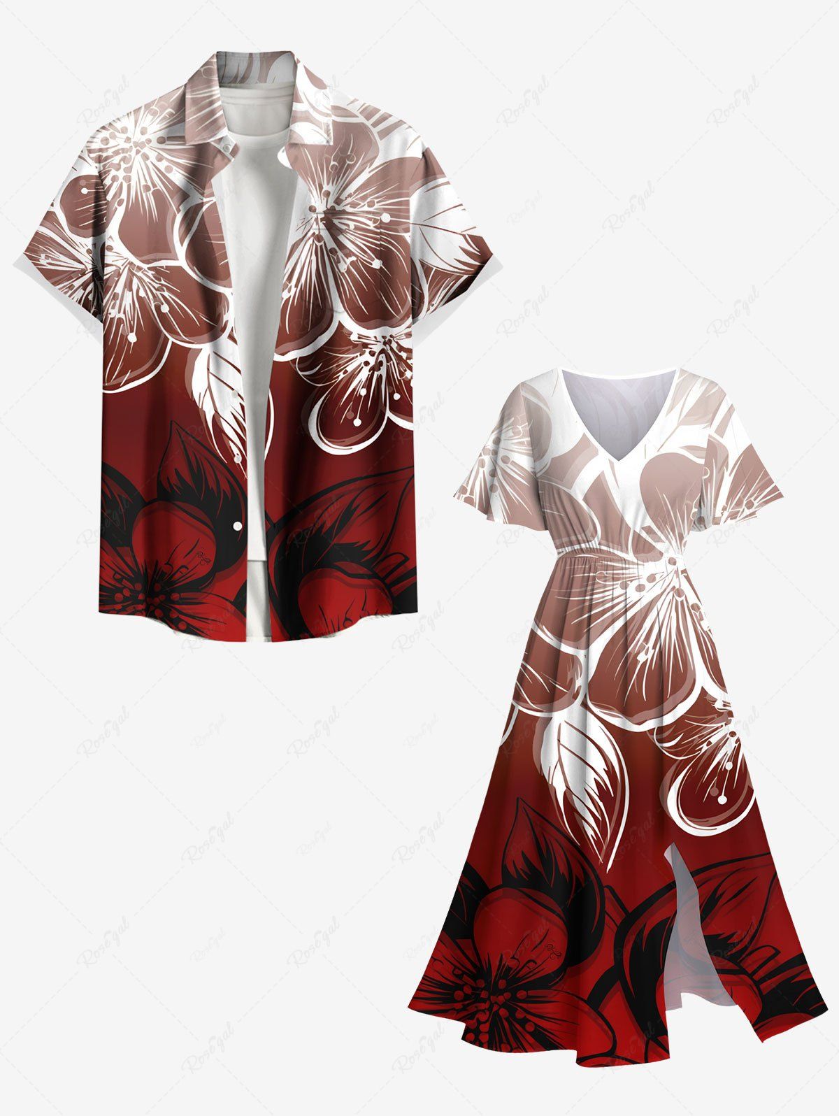 Tenue de plage hawaïenne assortie grande taille à imprimé floral ombré pour couples Rouge 