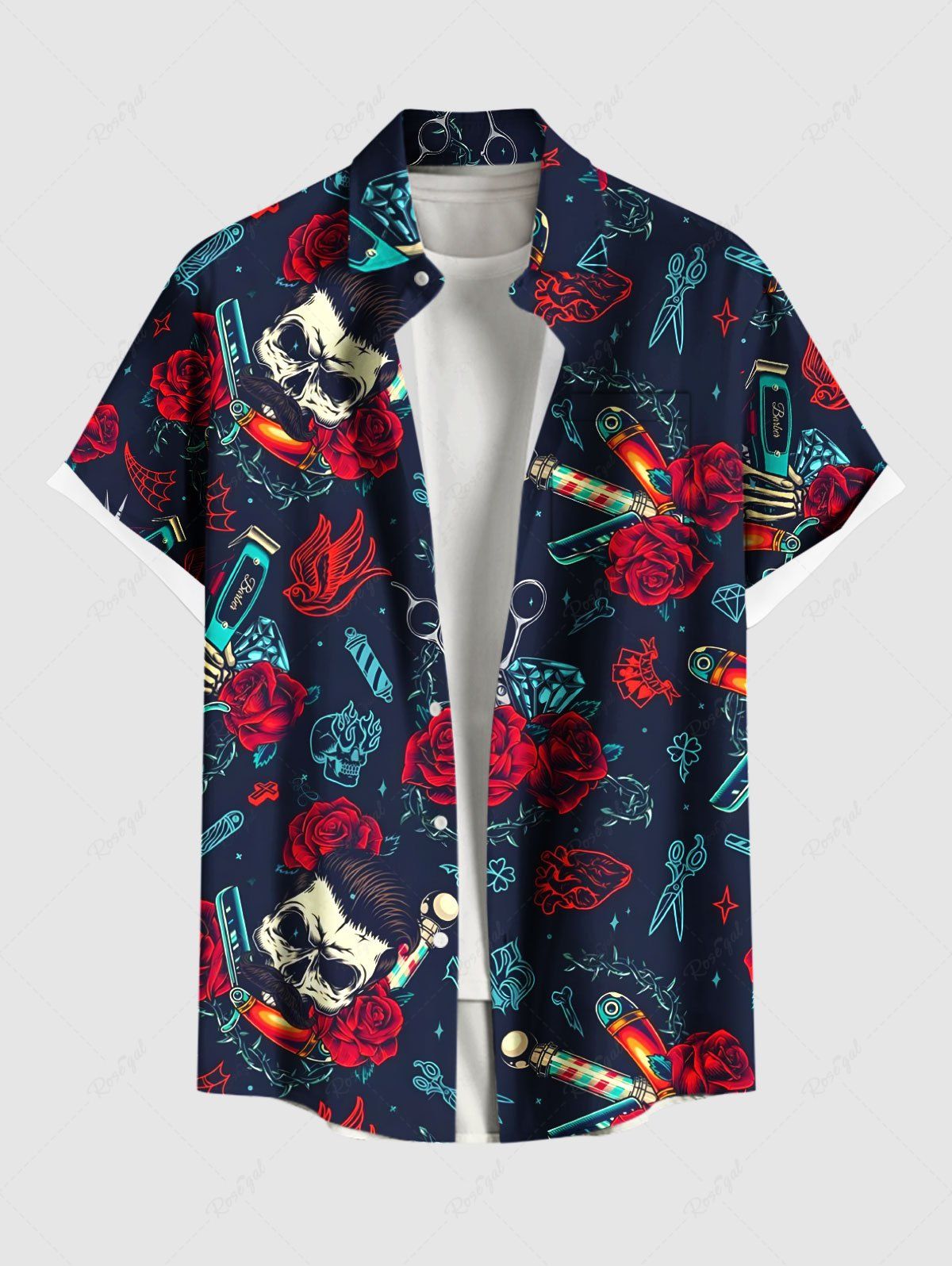 Chemise grande taille à imprimé tête de mort, rose, cœur, diamants, avec poches boutonnées pour homme Bleu profond 6XL