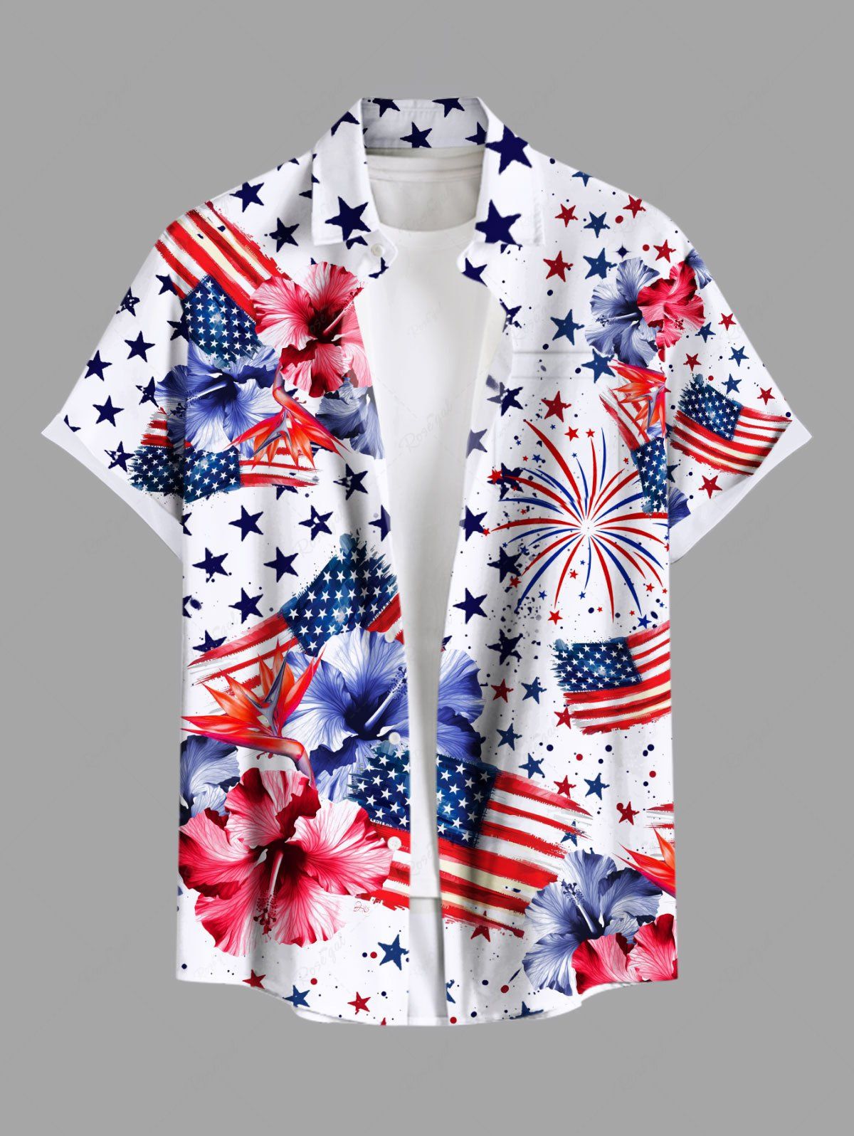 Chemise hawaïenne grande taille à imprimé drapeau américain, feux d'artifice, fleurs d'hibiscus, boutons et poches pour homme Blanc XL