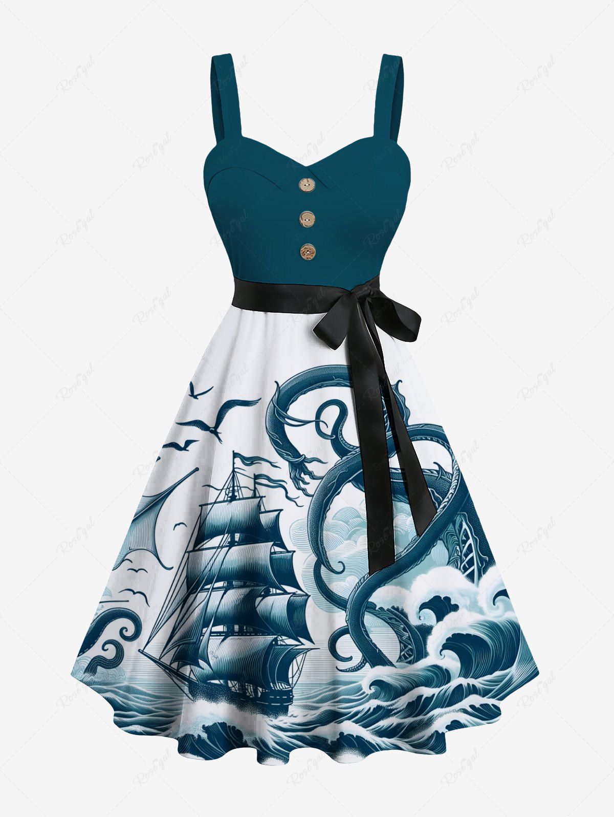 Outfit Plus Size Octopus Sailboat Sea Waves Bird Print Hawaii Cruise Button A Line Dress with Removable Belt  