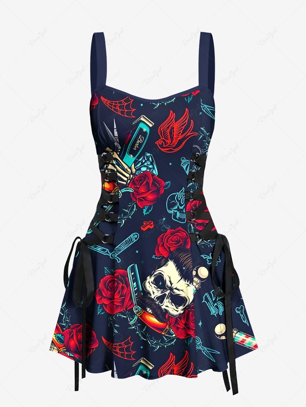 Buy Skull Rose Flower Heart Diamond Print Lace Up A Line Tank Dress  