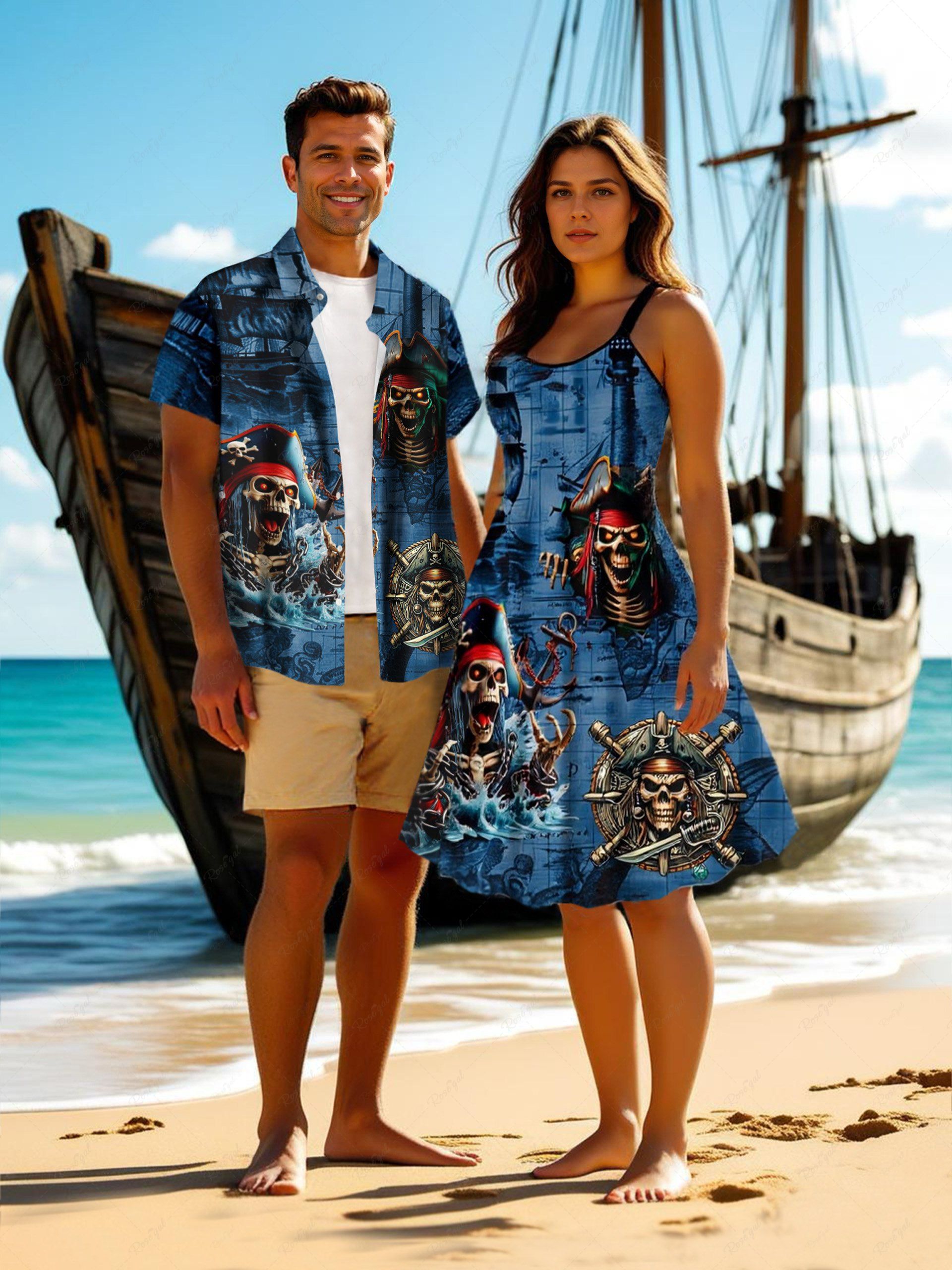 Chic Skull Pirate Sea Waves Sailboat Print Plus Size Matching Hawaii Beach Outfit For Couples  