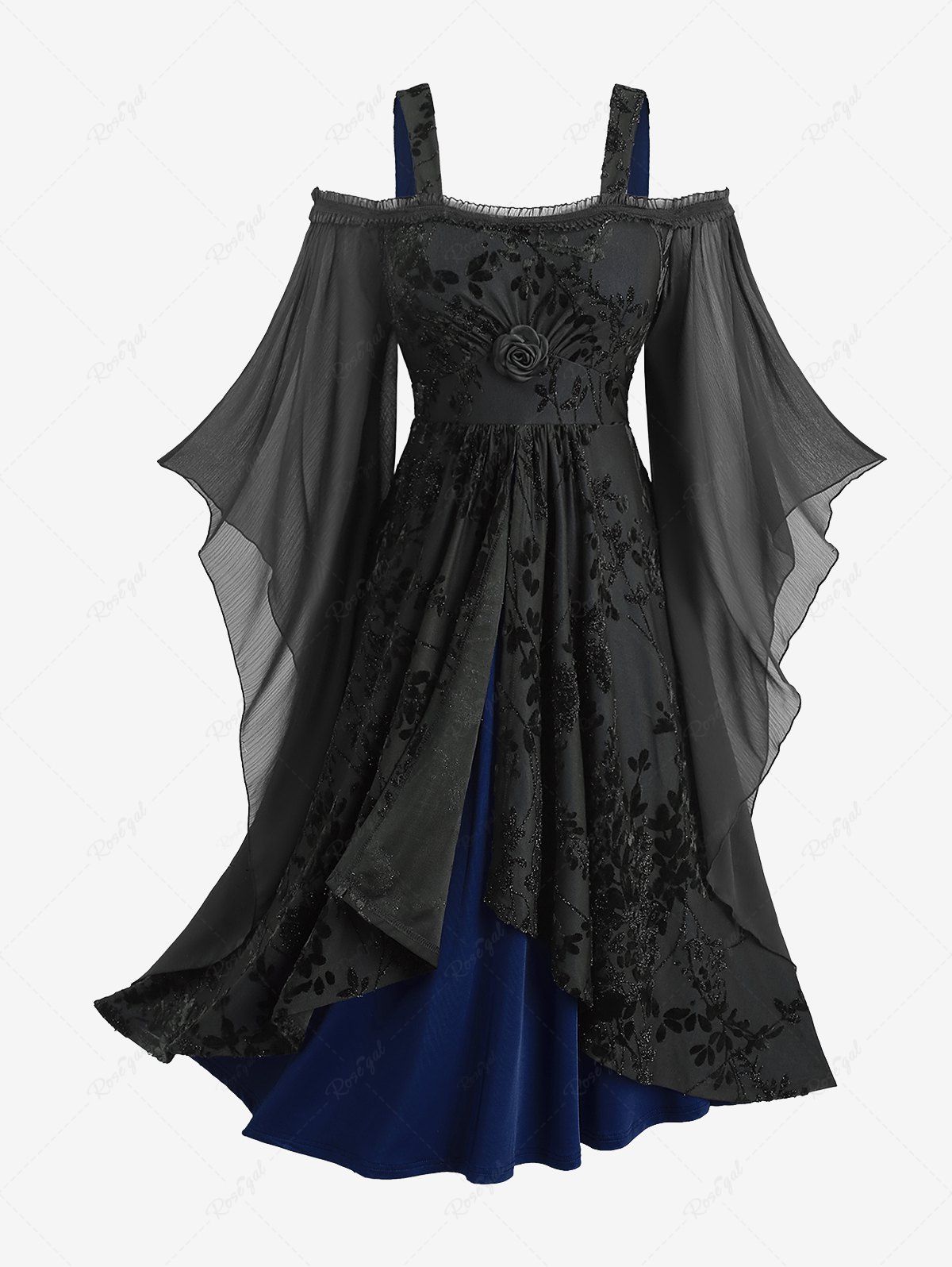 Latest Gothic Plus Size Rose Floral Glitter Flocking Mesh Lace Trim Ruffles Tulip Hem Cold Shoulder Asymmetrical Dress  