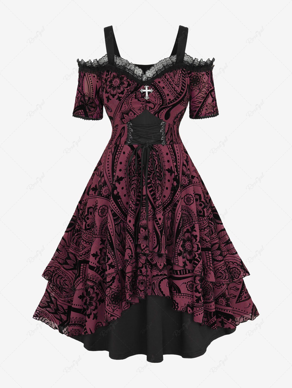 Robe débardeur gothique grande taille à œillets, lacets, froncée, croisée, florale, floquée, volants superposés, épaules dénudées, coupe trapèze Rouge foncé 1X | US 14-16