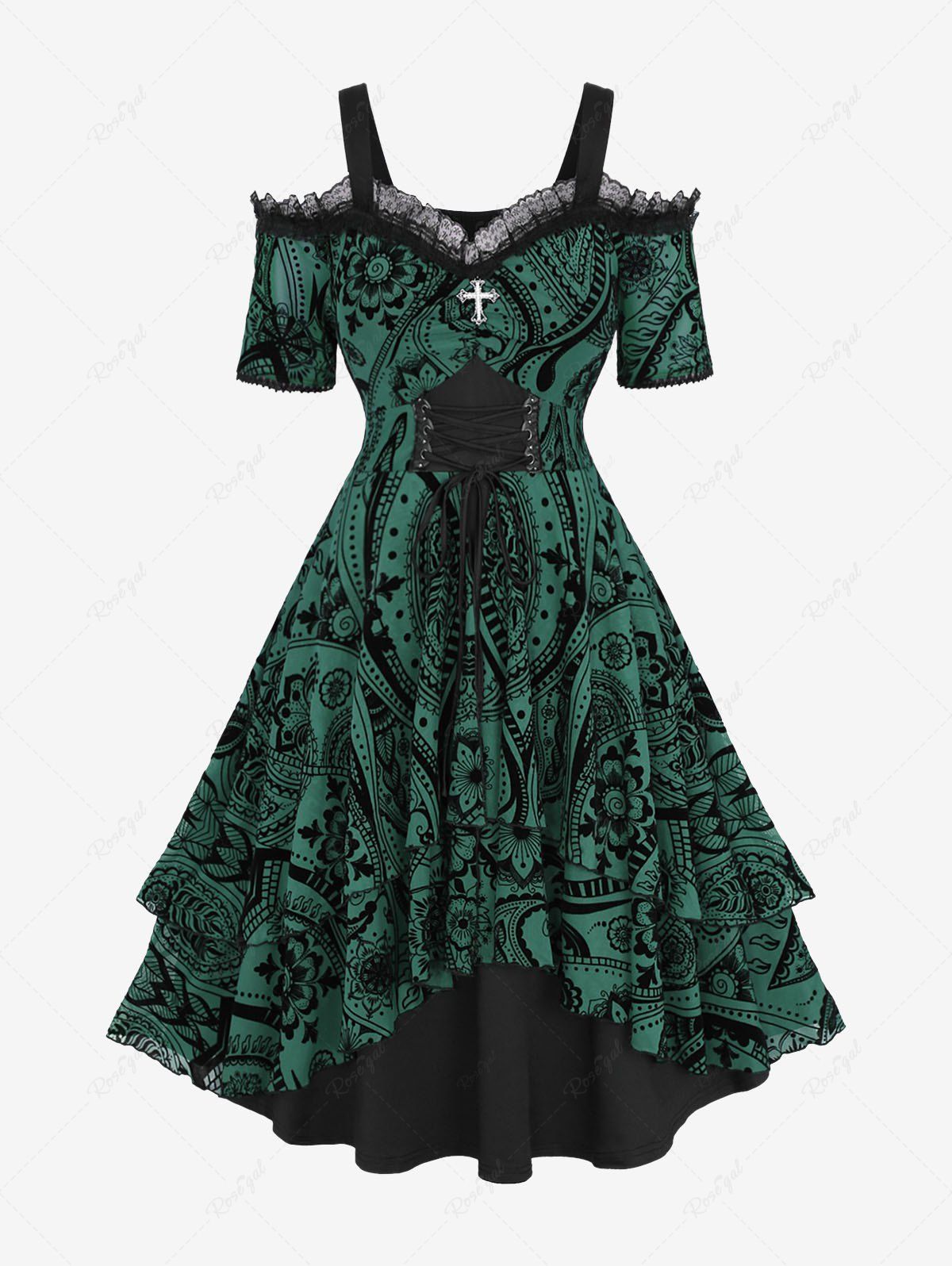 Best Gothic Plus Size Grommets Lace Up Ruched Cross Floral Flocking Layered Ruffles Cold Shoulder A Line Tank Dress  