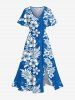 Tenue de plage hawaïenne assortie grande taille à imprimé feuilles et fleurs d'hibiscus tropical pour couples - Bleu 